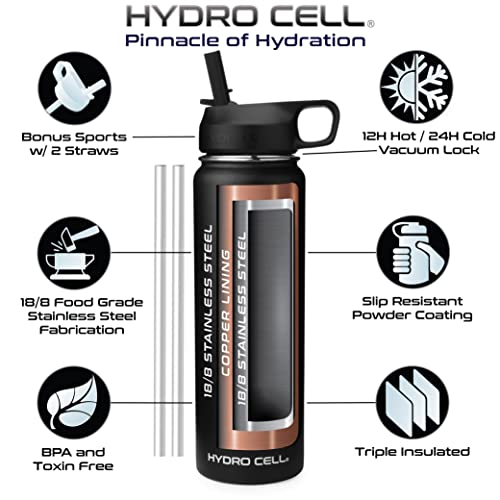 HYDRO CELL Stainless Steel Insulated Water Bottle with Straw - For Cold & Hot Drinks - Metal Vacuum Flask with Screw Cap and Modern Leakproof Sport Thermos for Kids & Adults (Black 24oz)